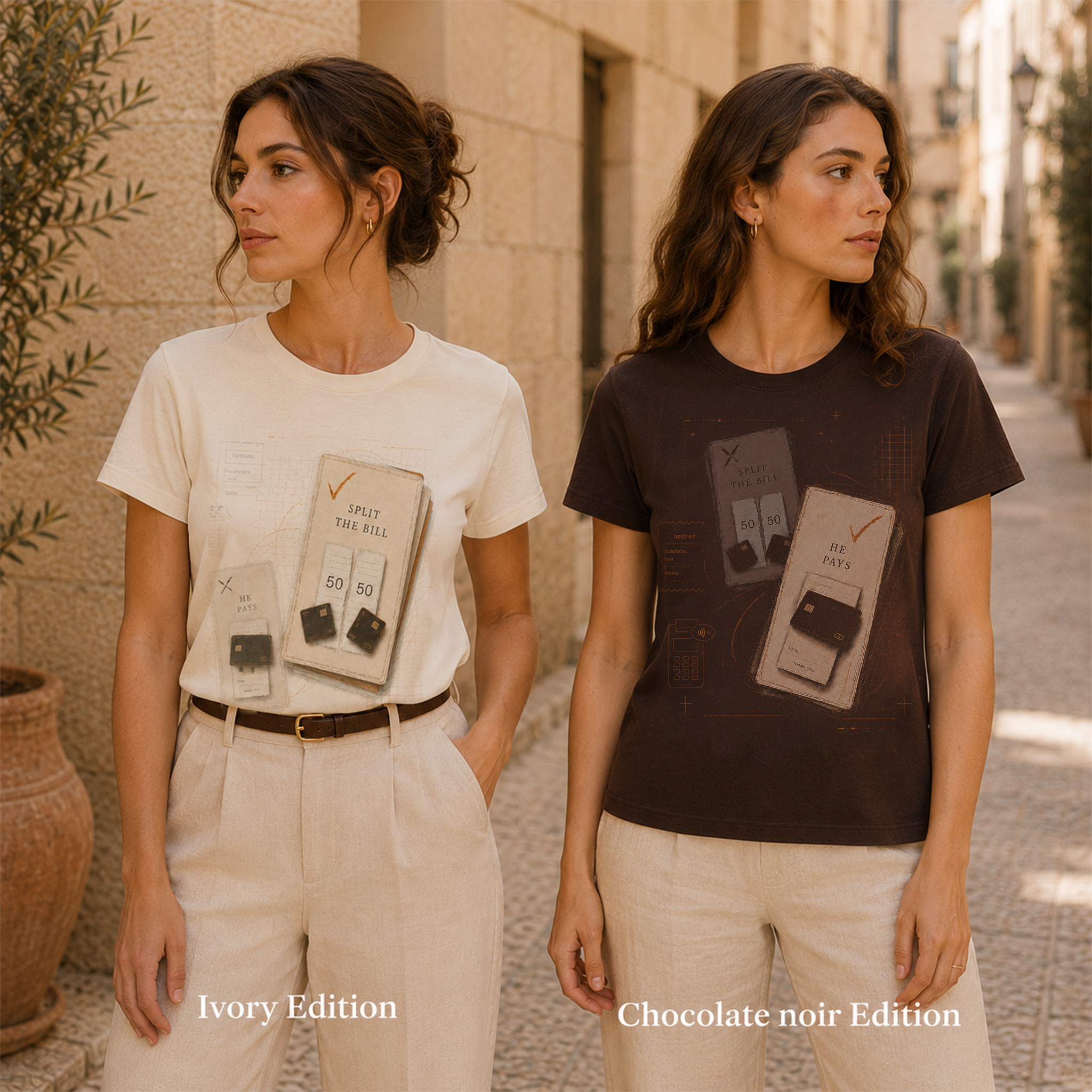 Original Pair · Split the Bill / He Pays women’s T-shirt design mockup