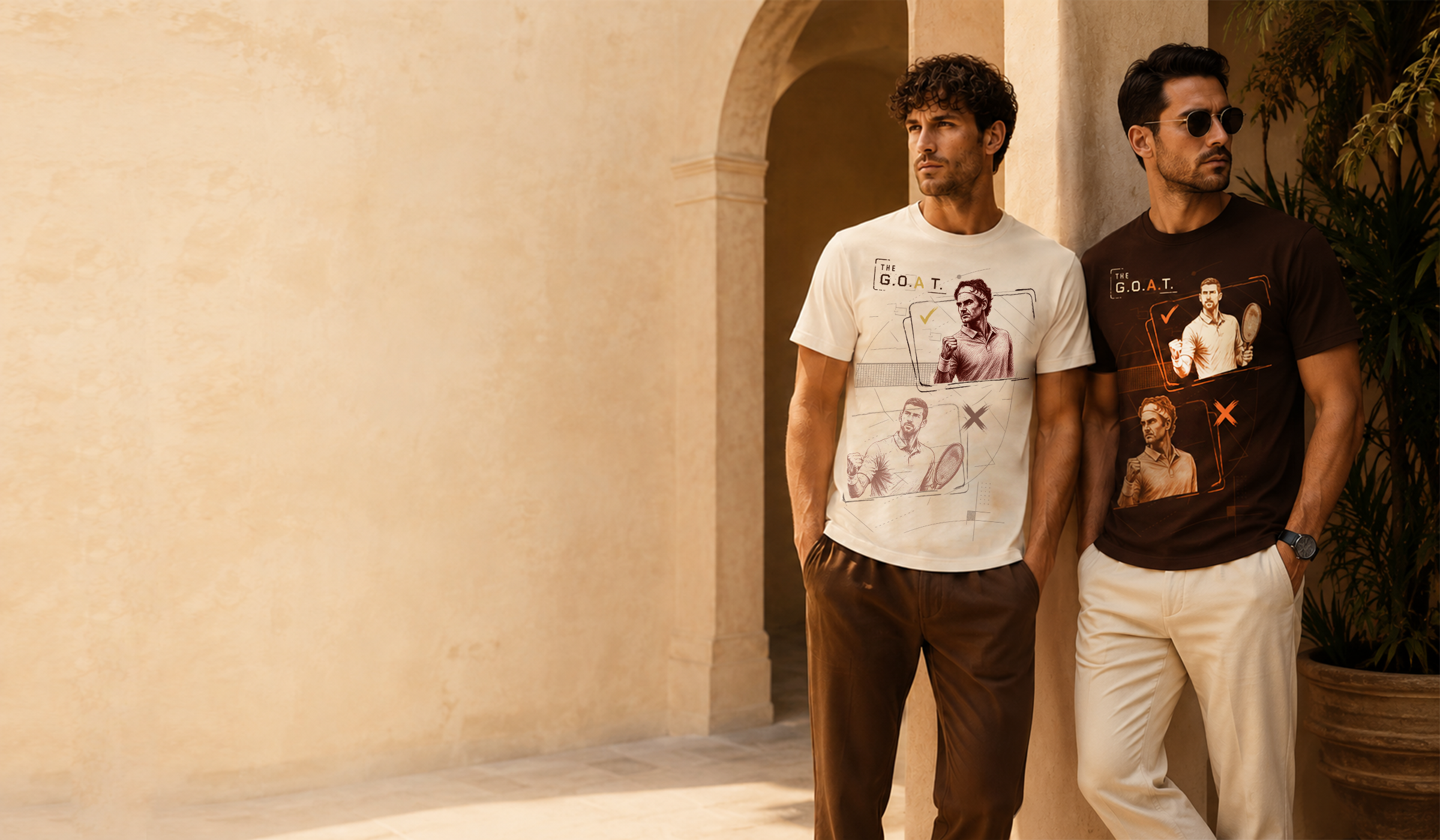 Two models wearing the Federer and Djokovic G.O.A.T. T-shirt designs beside a warm stone archway