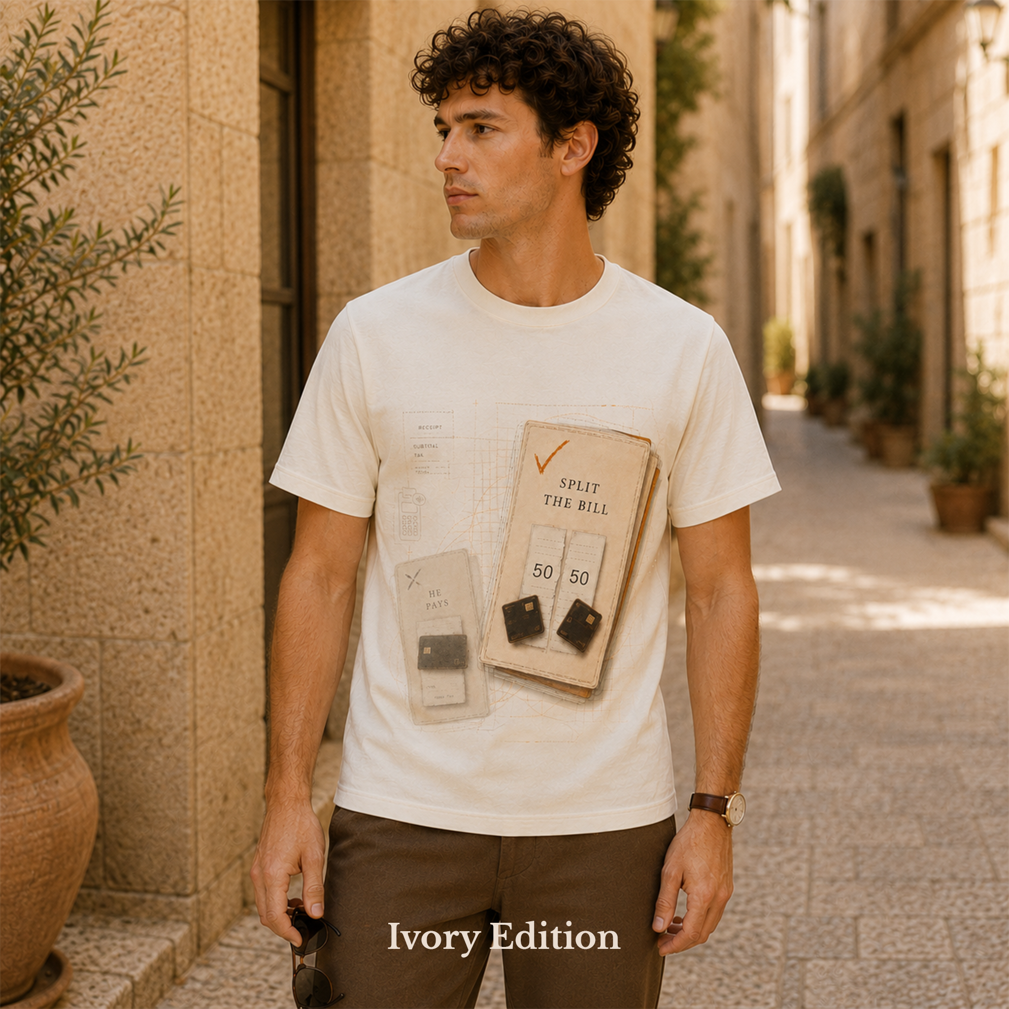 Split the Bill · Split the Bill / He Pays men’s T-shirt design mockup