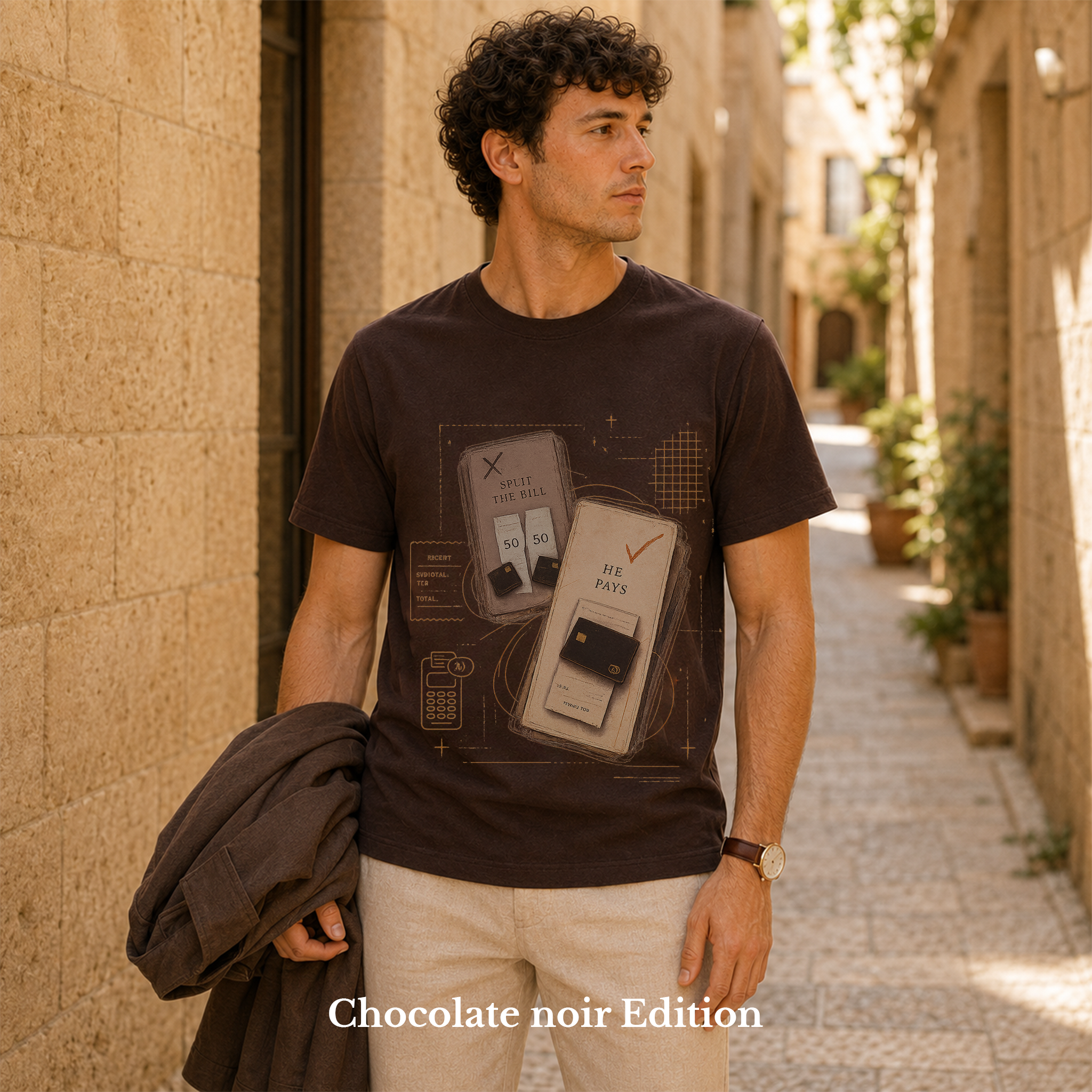 He Pays · Split the Bill / He Pays men’s T-shirt design mockup