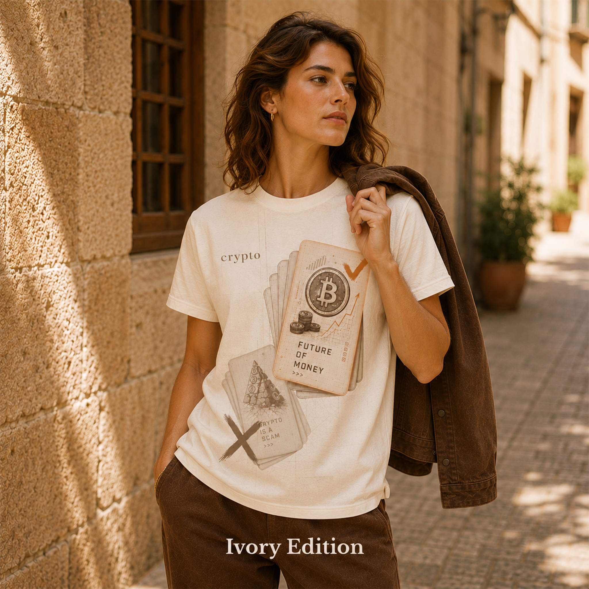 Crypto: Future of Money · Crypto: Future / Scam women’s T-shirt design mockup