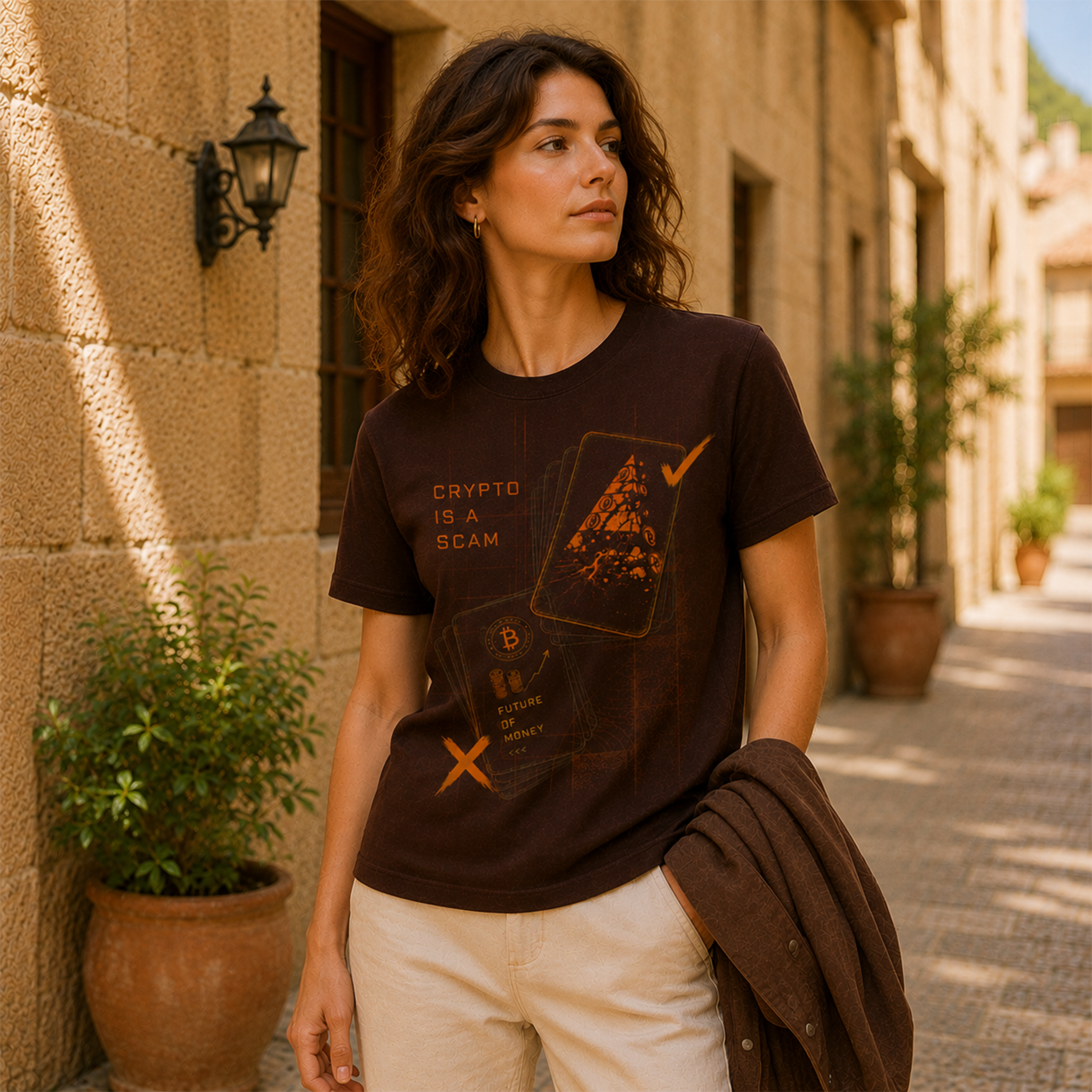 Crypto: Is a Scam · Crypto: Future / Scam women’s T-shirt design mockup