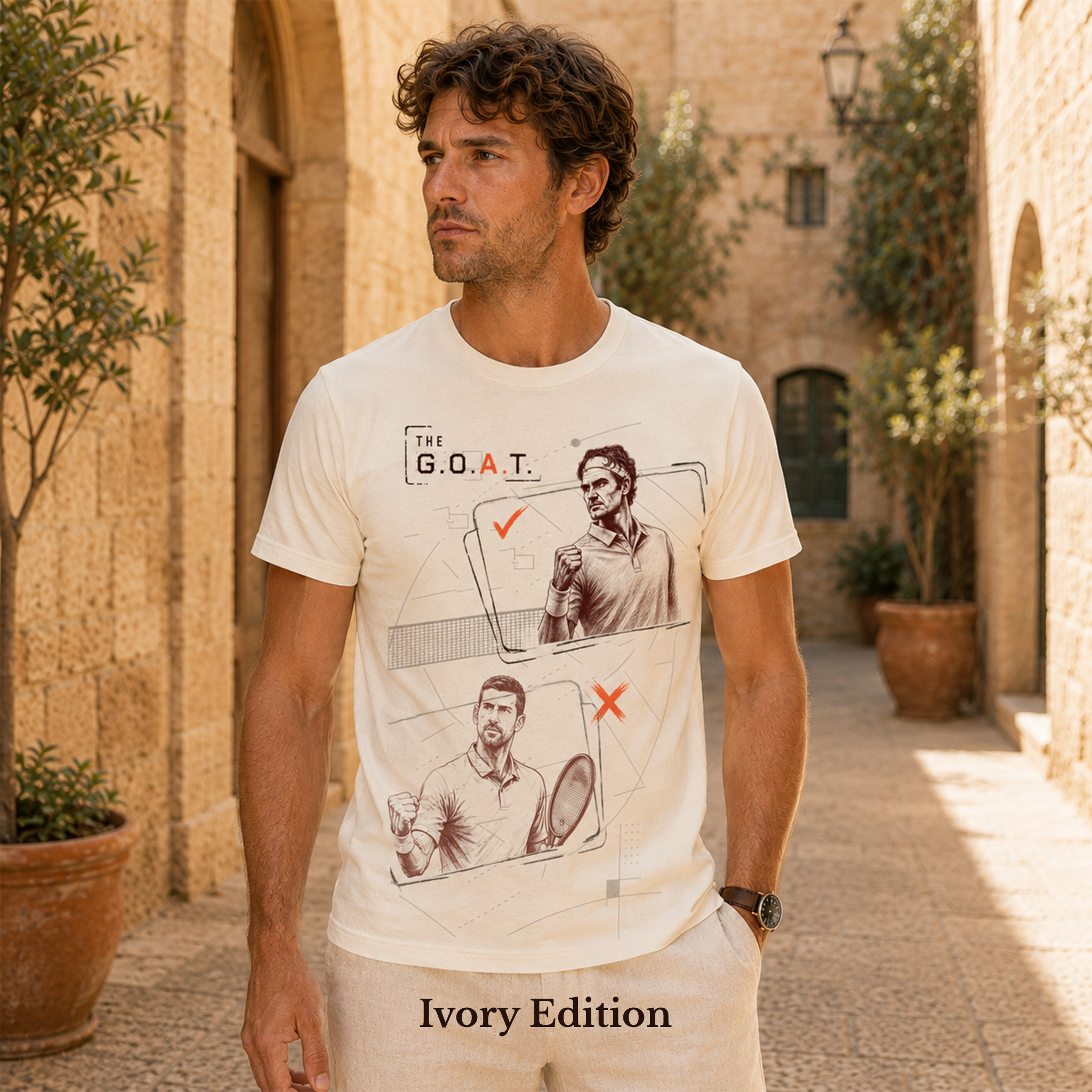 Federer — The G.O.A.T. · Federer / Djokovic men’s T-shirt design mockup
