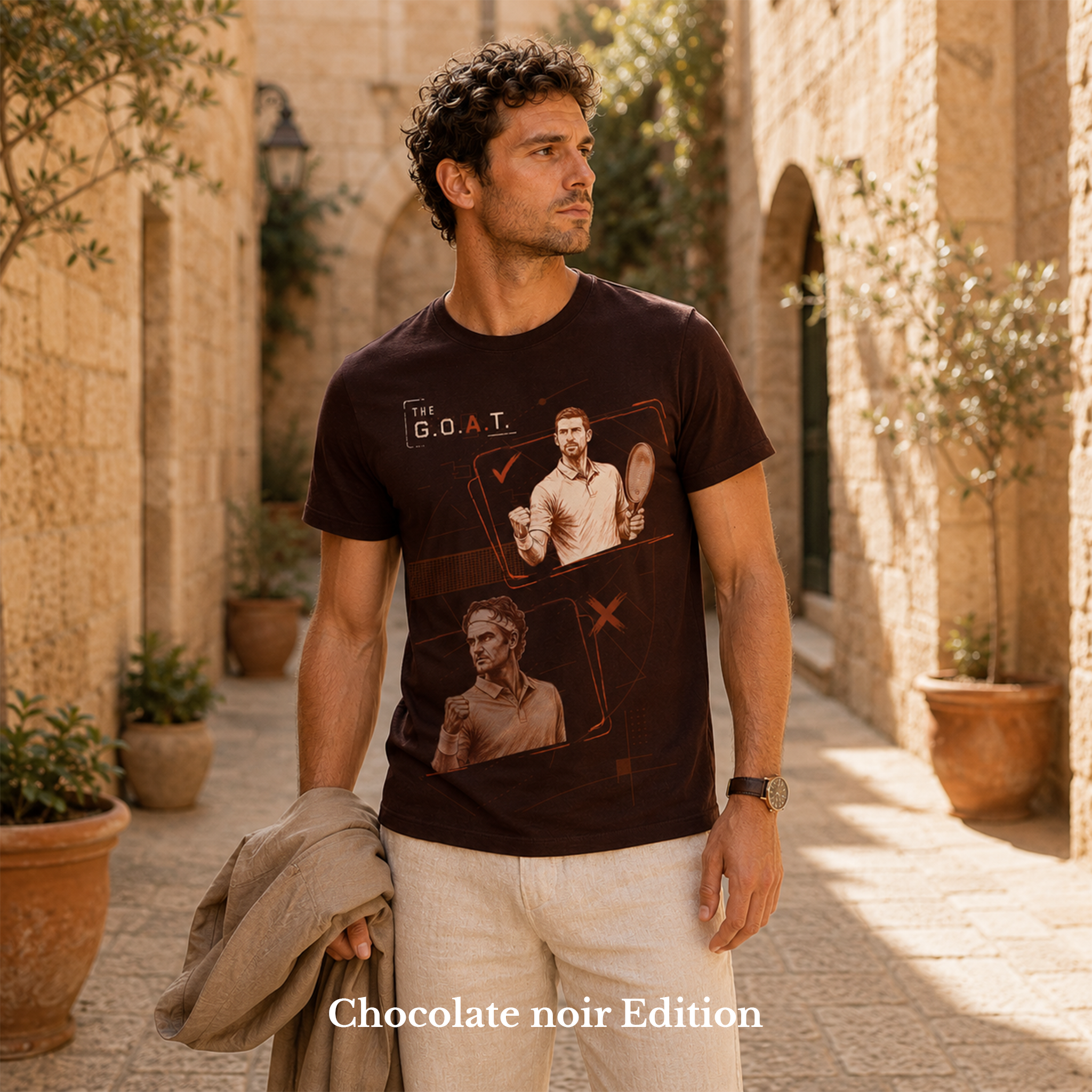 Djokovic — The G.O.A.T. · Federer / Djokovic men’s T-shirt design mockup