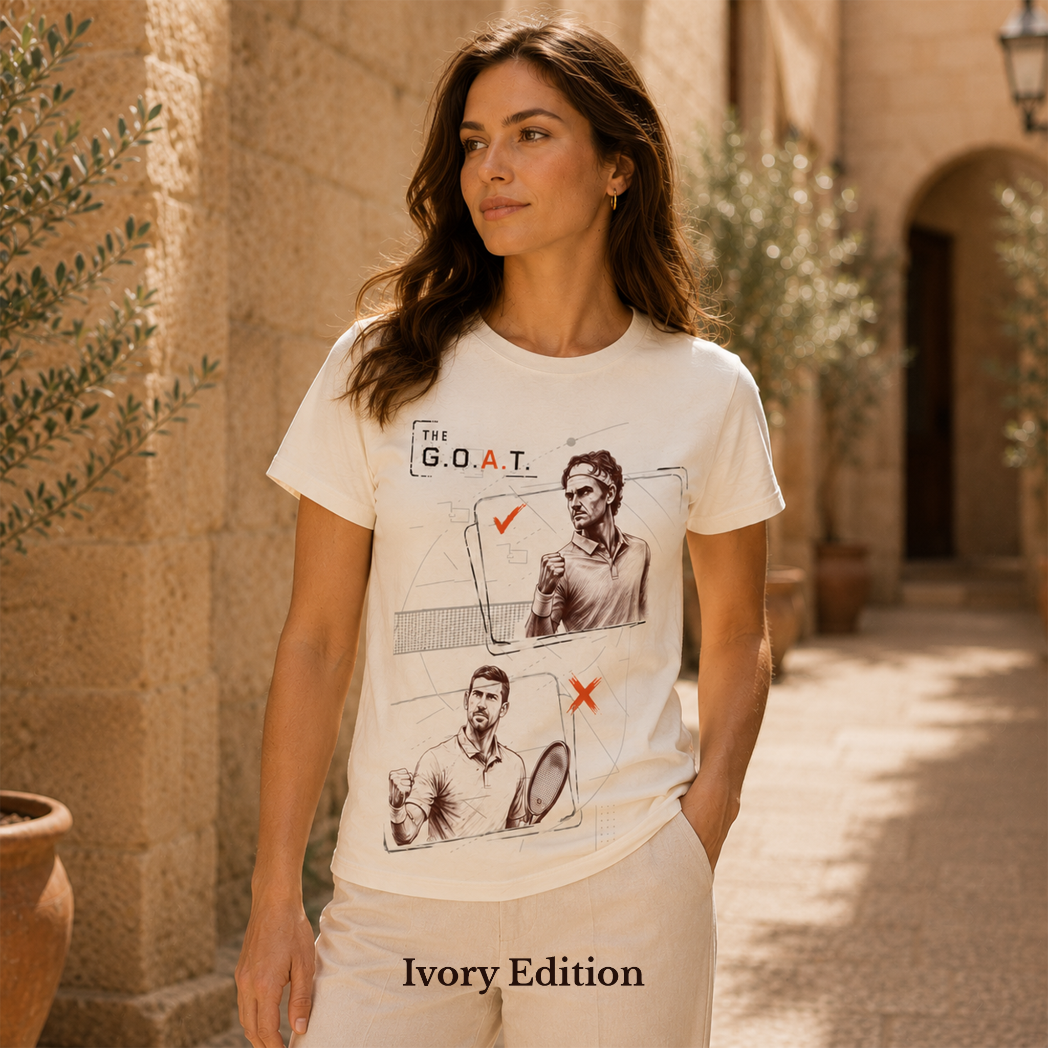 Federer — The G.O.A.T. · Federer / Djokovic women’s T-shirt design mockup