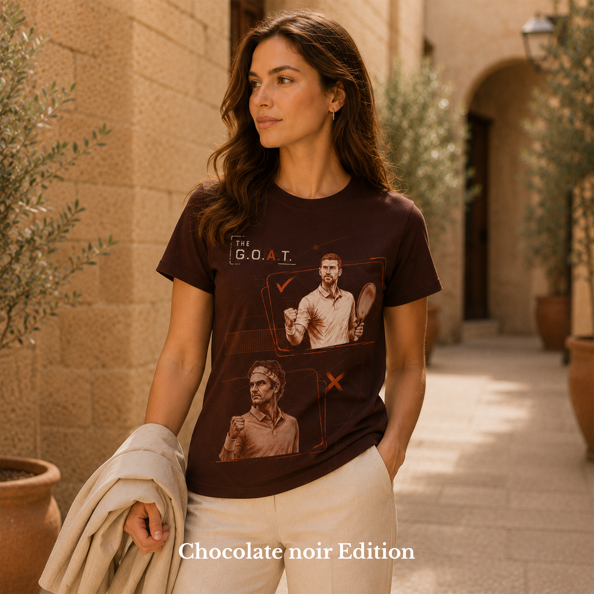 Djokovic — The G.O.A.T. · Federer / Djokovic women’s T-shirt design mockup