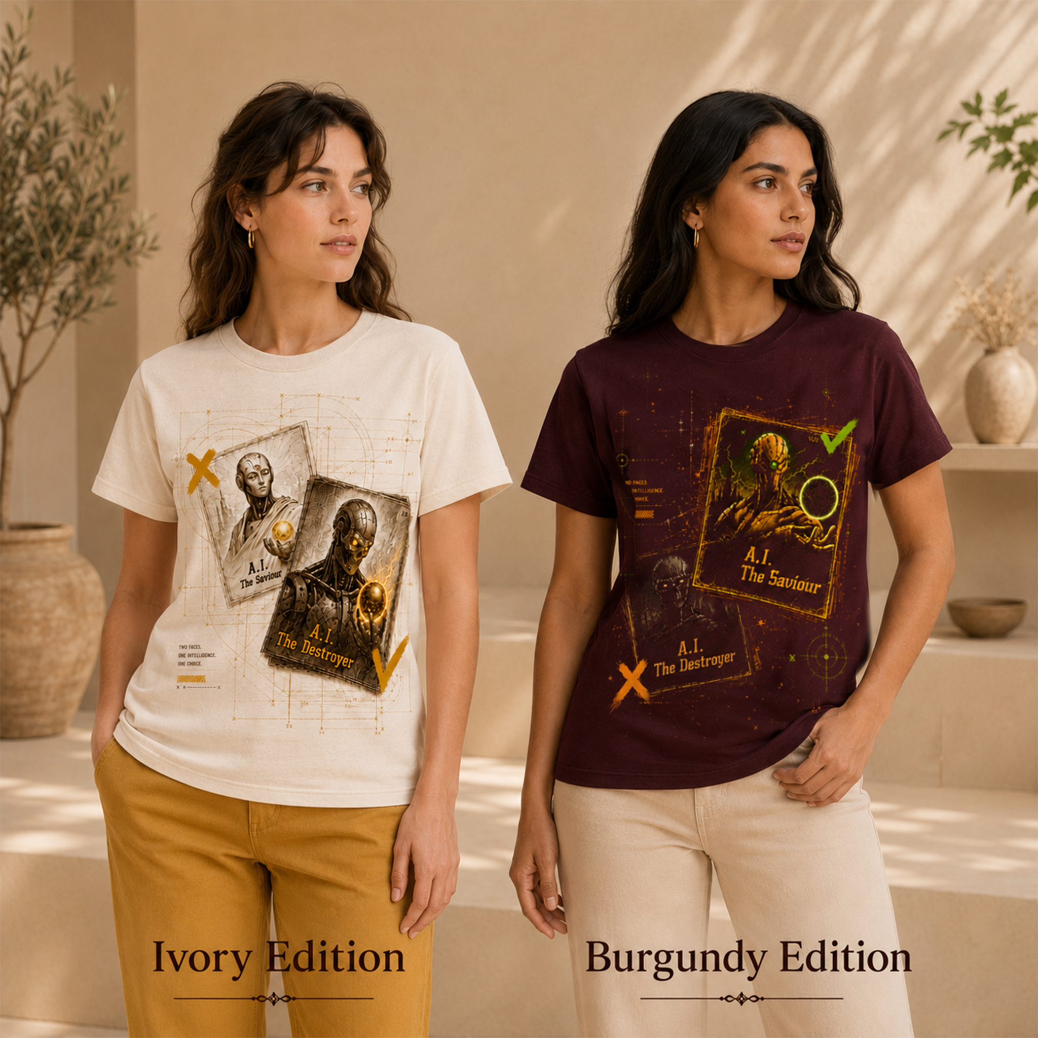 Original Pair · AI Saviour / AI Destroyer women’s T-shirt design mockup